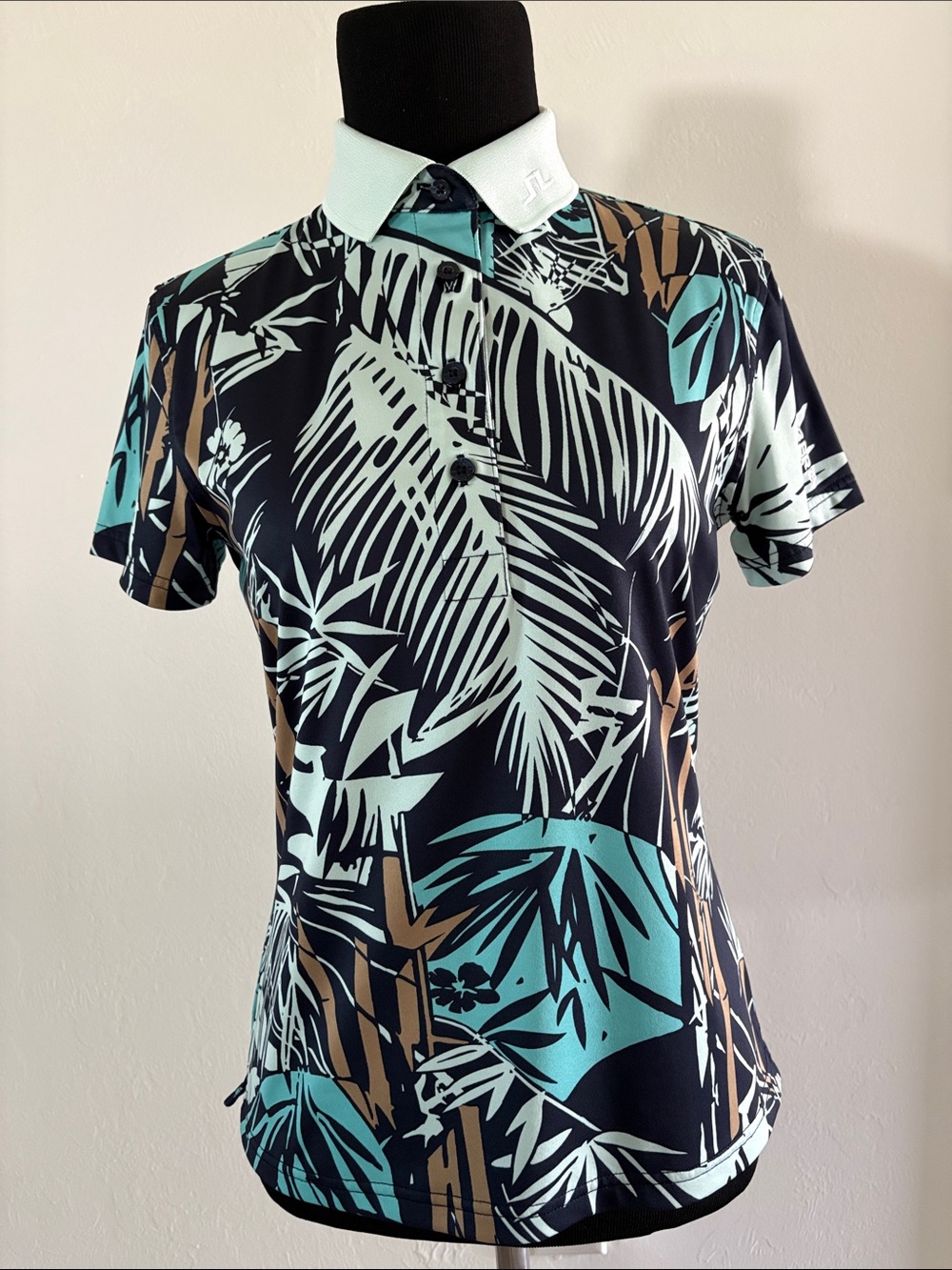 J.Lindeberg Black Floral Palm Print Polo with Mint Collar
